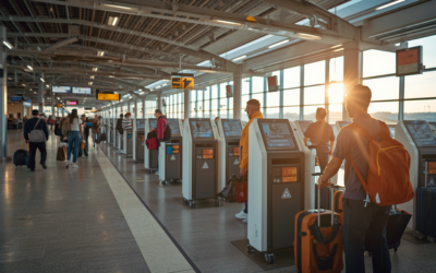 Quiosco de autofacturación de equipaje en aeropuerto moderno, pasajero etiquetando maleta de forma autónoma