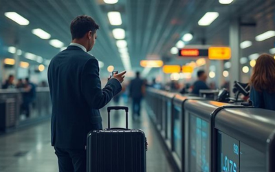 Pasajero con maleta mirando el reloj en un mostrador de facturación de aeropuerto, ambiente de urgencia y movimiento