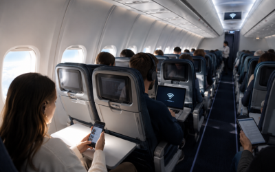 Interior de cabina de avión moderno con pasajeros usando dispositivos conectados a wifi, luz natural entrando por las ventanillas