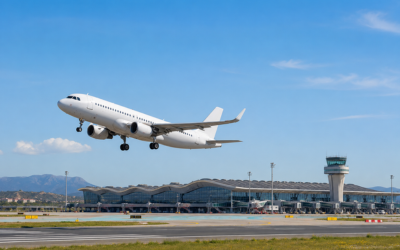 avión despegando en un aeropuerto español con cielo azul y terminal moderna al fondo