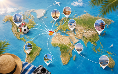 mapa del mundo con destinos señalados desde España, aeropuerto concurrido en verano