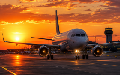 Avión de pasajeros en pista de aeropuerto europeo al atardecer, con turbinas encendidas y cielo anaranjado de fondo