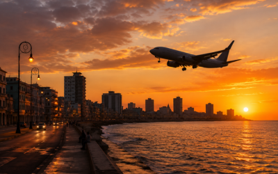 Avión sobrevolando el malecón de La Habana al atardecer, con el skyline de la ciudad al fondo