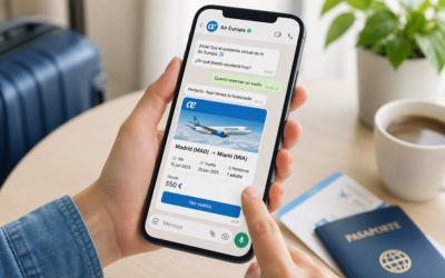 Persona usando WhatsApp en smartphone para gestionar un viaje, con pantalla de reserva de vuelo visible, ambiente moderno y luminoso