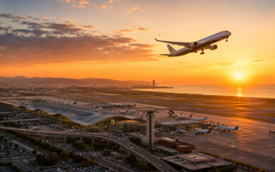 Vista aérea del aeropuerto de Barcelona-El Prat con avión despegando al atardecer