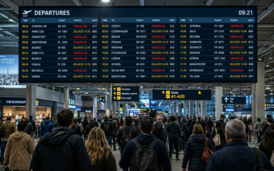 Panel de salidas de vuelos en aeropuerto europeo con múltiples vuelos cancelados o retrasados, ambiente de aeropuerto concurrido, luz artificial