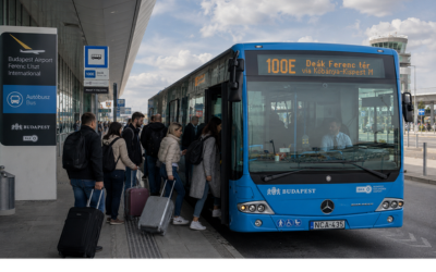 Autobús público de Budapest en parada del aeropuerto con viajeros cargando maletas