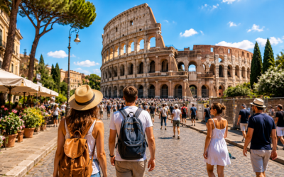 ciudad de Roma con el Coliseo al fondo, turistas paseando en un día soleado de verano