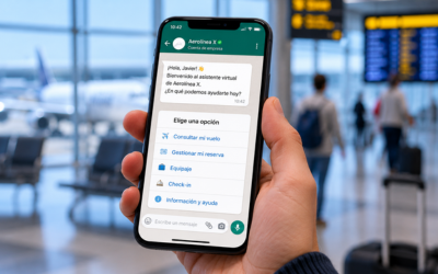 Captura conceptual de una conversación de WhatsApp con menú de opciones de una aerolínea, teléfono en mano sobre fondo de aeropuerto