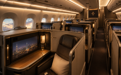 Cabina de clase business de un Airbus A350 con asientos tipo suite y luz ambiental cálida
