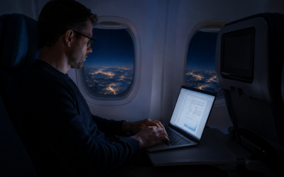 Pasajero trabajando con un portátil en su asiento de avión durante un vuelo nocturno, pantalla iluminada, ambiente sereno