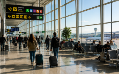 sala de embarque de un aeropuerto moderno, pasajeros con maletas, luz natural entrando por grandes ventanales