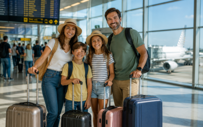 familia española en el aeropuerto con maletas, sonriendo antes de embarcar