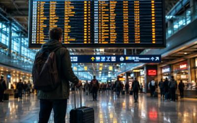 Pasajero adulto mirando una pantalla de salidas en un aeropuerto moderno, con maleta de viaje a su lado, ambiente de aeropuerto europeo concurrido