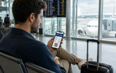 Viajero en sala de embarque de aeropuerto consultando su teléfono móvil con billete digital en pantalla, maleta de mano a su lado