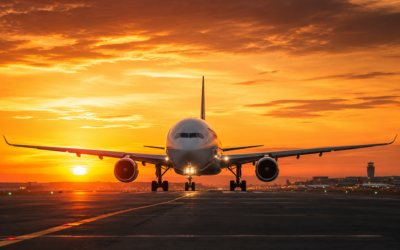 Avión de fuselaje ancho en pista de despegue al amanecer con cielo anaranjado