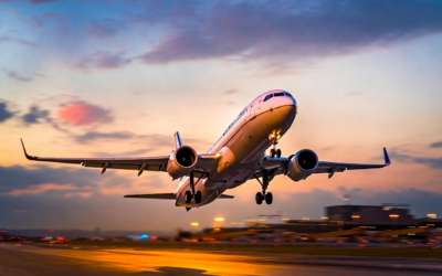 Avión de United Airlines despegando desde una pista con cielo despejado al amanecer