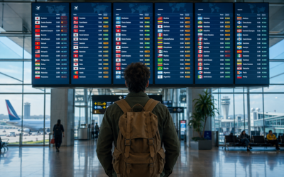 Viajero con mochila contemplando un gran panel de salidas en un aeropuerto internacional moderno, con múltiples destinos asiáticos y latinoamericanos visibles en las pantallas