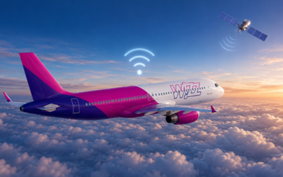 avión de Wizz Air en vuelo sobre nubes con señal wifi o satélite visible en el cielo