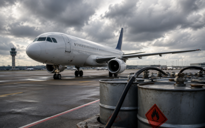 crisis queroseno vuelos 2026 – Avión comercial en pista de aeropuerto con cielo nublado, bidones de combustible en primer plano