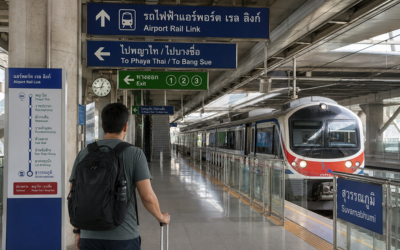 Pasajero con mochila en la estación del Airport Rail Link dentro del aeropuerto Suvarnabhumi, señalética en tailandés e inglés visible
