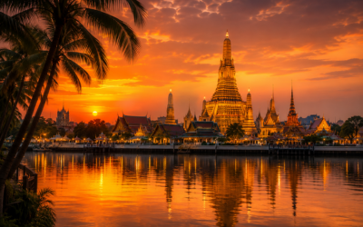 Templos budistas dorados en Bangkok reflejándose en el agua al atardecer, con cielo naranja y palmeras en primer plano