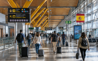 Pasajeros caminando por una terminal de aeropuerto moderna y luminosa en España