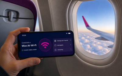 pantalla de smartphone mostrando conexión wifi en el interior de un avión, con vista de ventanilla