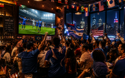 Ambiente festivo en un bar de Manhattan con aficionados viendo un partido de fútbol en pantalla grande, banderas y celebración