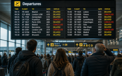 Panel de salidas de aeropuerto con vuelos retrasados o cancelados, viajeros mirando pantallas