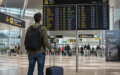 Pasajero mirando el panel de salidas en un aeropuerto español, maleta de mano, ambiente de viaje cotidiano