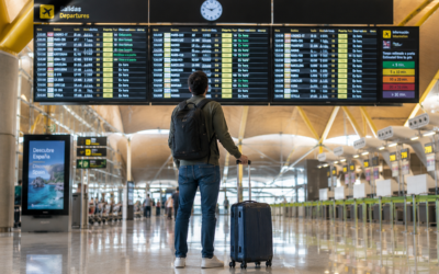 Persona mirando el panel de salidas de un aeropuerto con maleta de mano