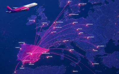 mapa de Europa con rutas aéreas trazadas desde España, representando conectividad y viajes low cost