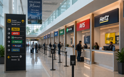 Centro de alquiler de coches moderno en aeropuerto americano con señalización y mostrador de atención al cliente