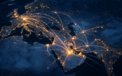 Mapa aéreo conceptual con rutas de vuelo entre Europa y Oriente Medio representadas con líneas luminosas sobre fondo oscuro