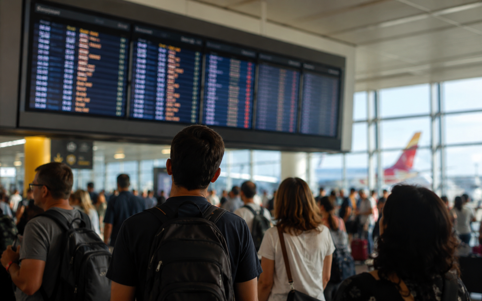 Panel de salidas en un aeropuerto español con vuelos a Nueva York