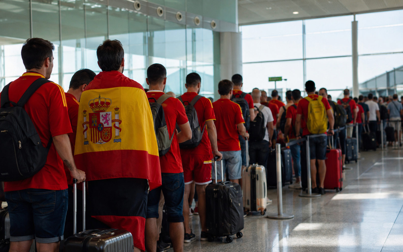 Aficionados españoles en la terminal de un aeropuerto