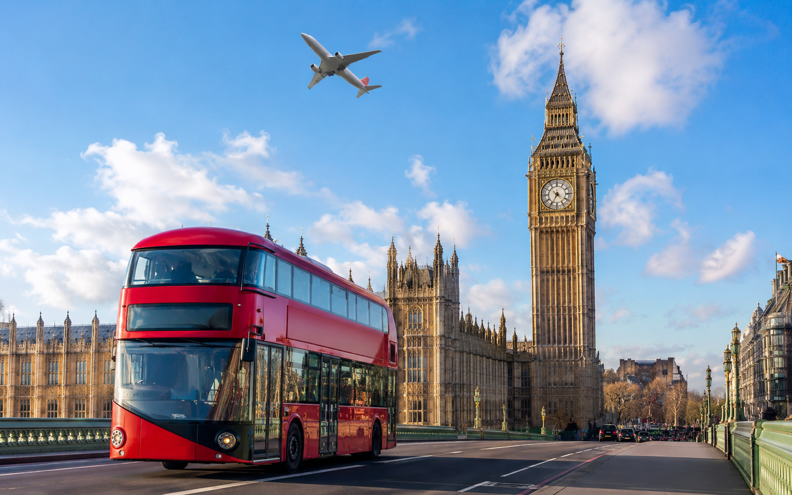 Red London double-decker bus and Big Ben with an airplane flying overhead in the background
