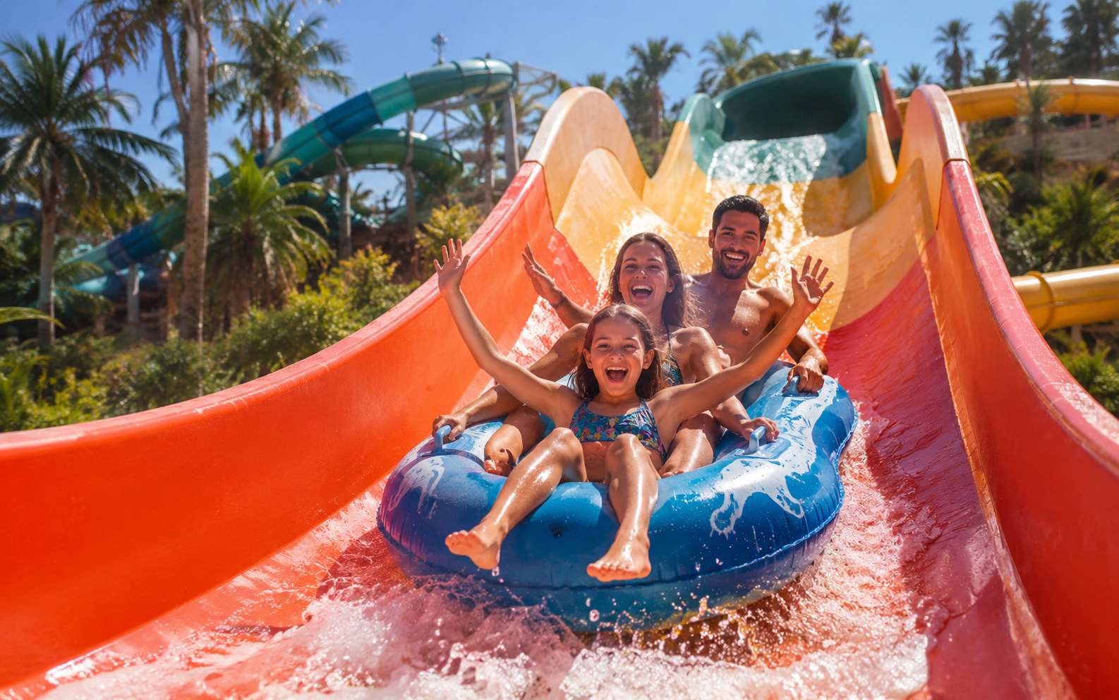 Photorealistic photo of tourists enjoying a water slide at a tropical resort waterpark, sunny day, vibrant colors, no text or letters