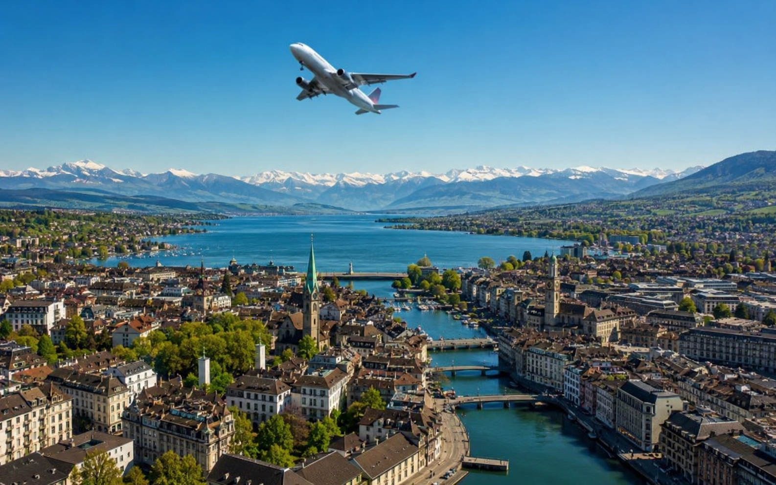Photorealistic aerial view of a Swiss city with a lake, mountains in the background and an airplane flying overhead, travel and flight search concept, professional photography, no text or letters visible, 400x250px