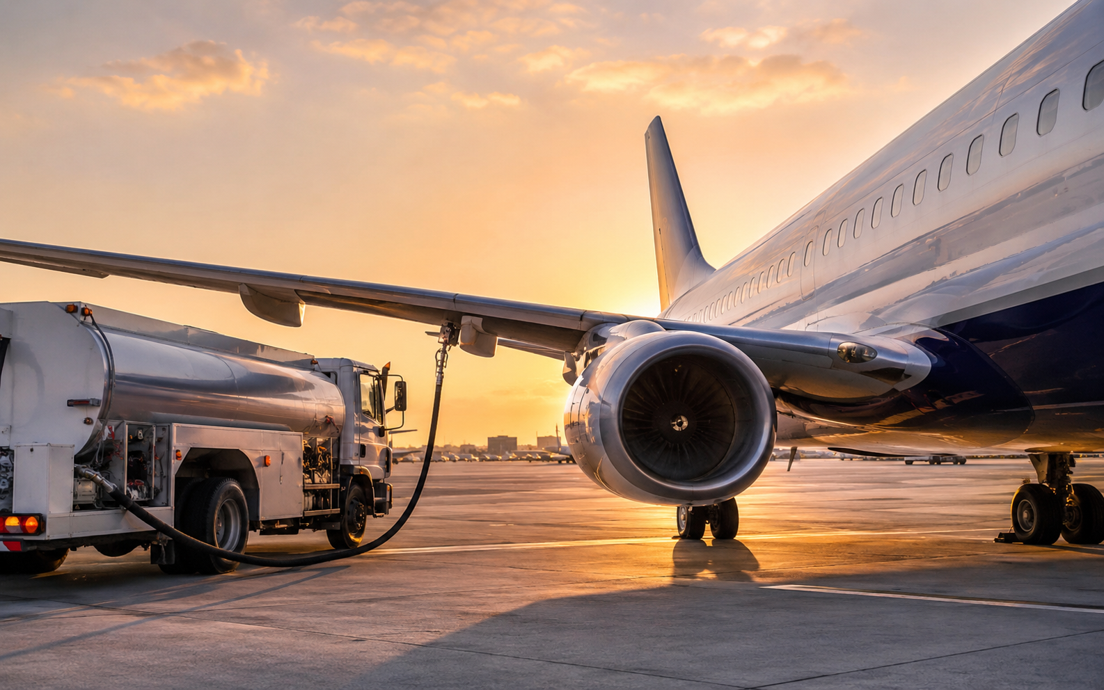 camión cisterna repostando combustible a un avión comercial en la pista al atardecer
