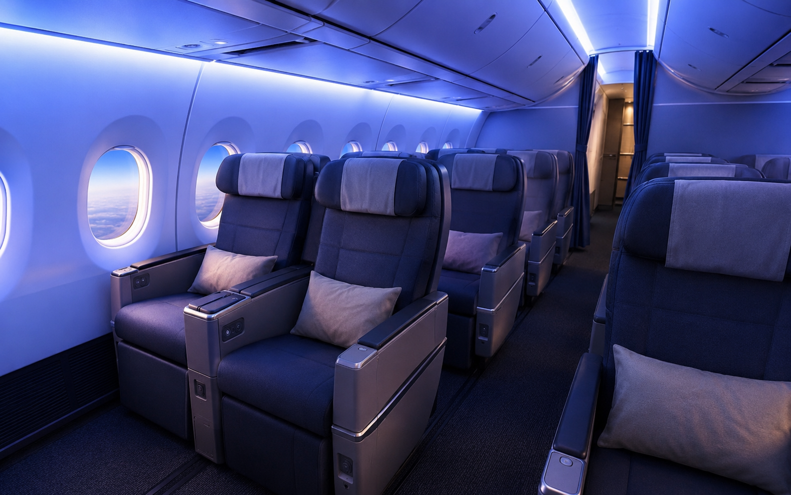Photorealistic airplane cabin interior with premium economy seats and soft ambient lighting designed for ultra long haul comfort, no text or letters, professional photography