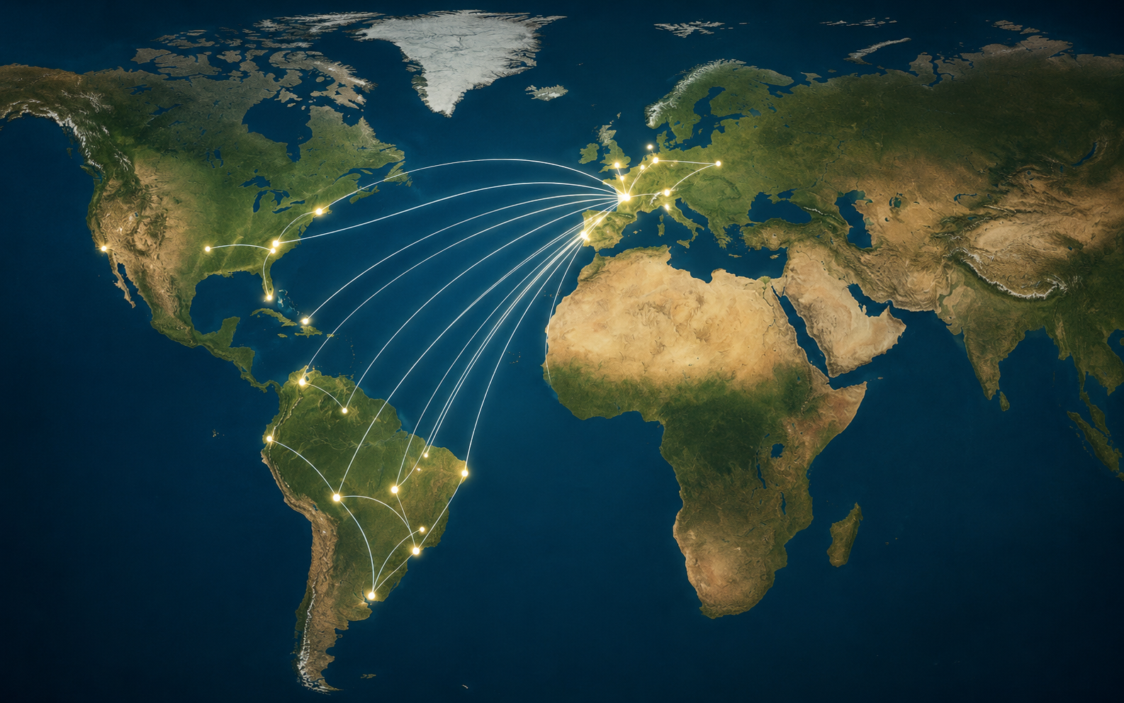 mapa de rutas aéreas transatlánticas entre Europa y Sudamérica