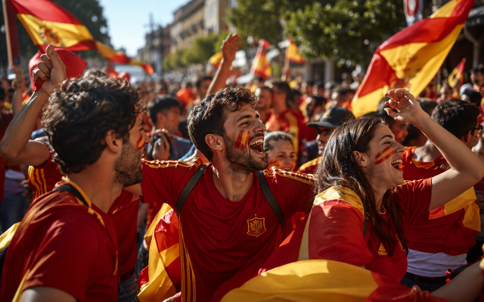 Aficionados españoles celebrando en la calle