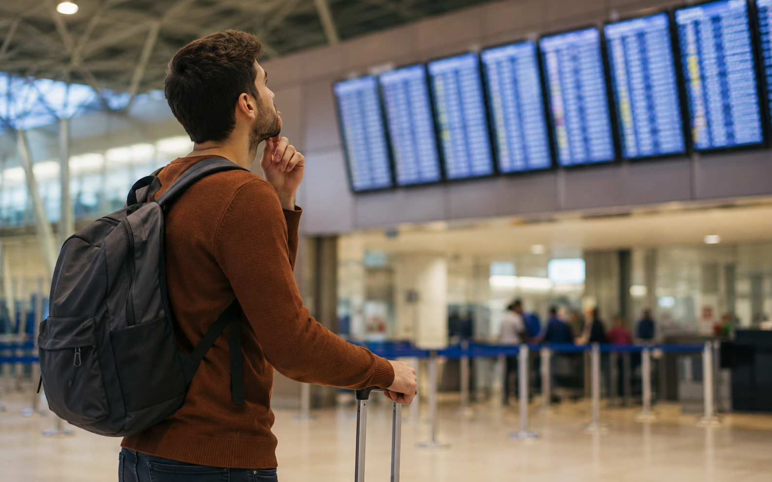 Pasajero con maleta de cabina mirando el panel de salidas de un aeropuerto