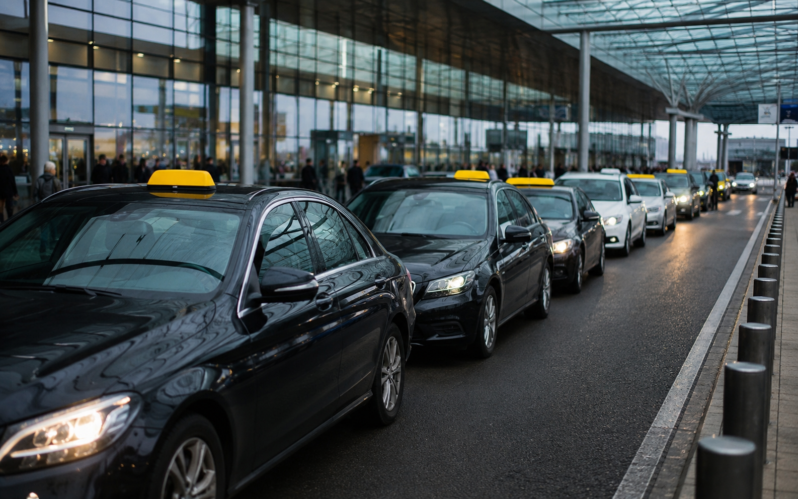 fila de taxis en la zona de llegadas del aeropuerto de Bruselas