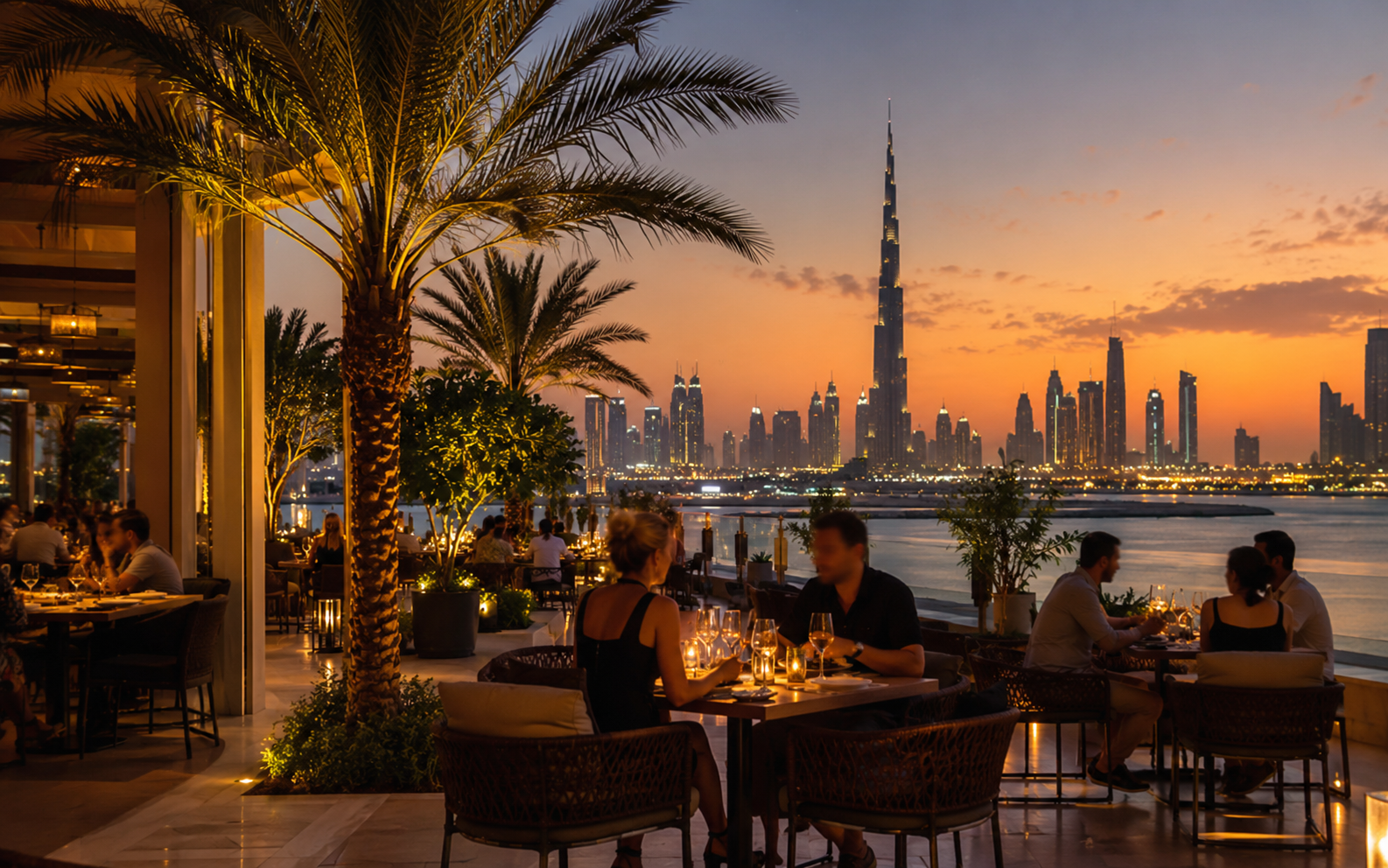 Photorealistic photo of an outdoor restaurant terrace in Dubai at sunset with diners, upscale ambiance, no text or letters