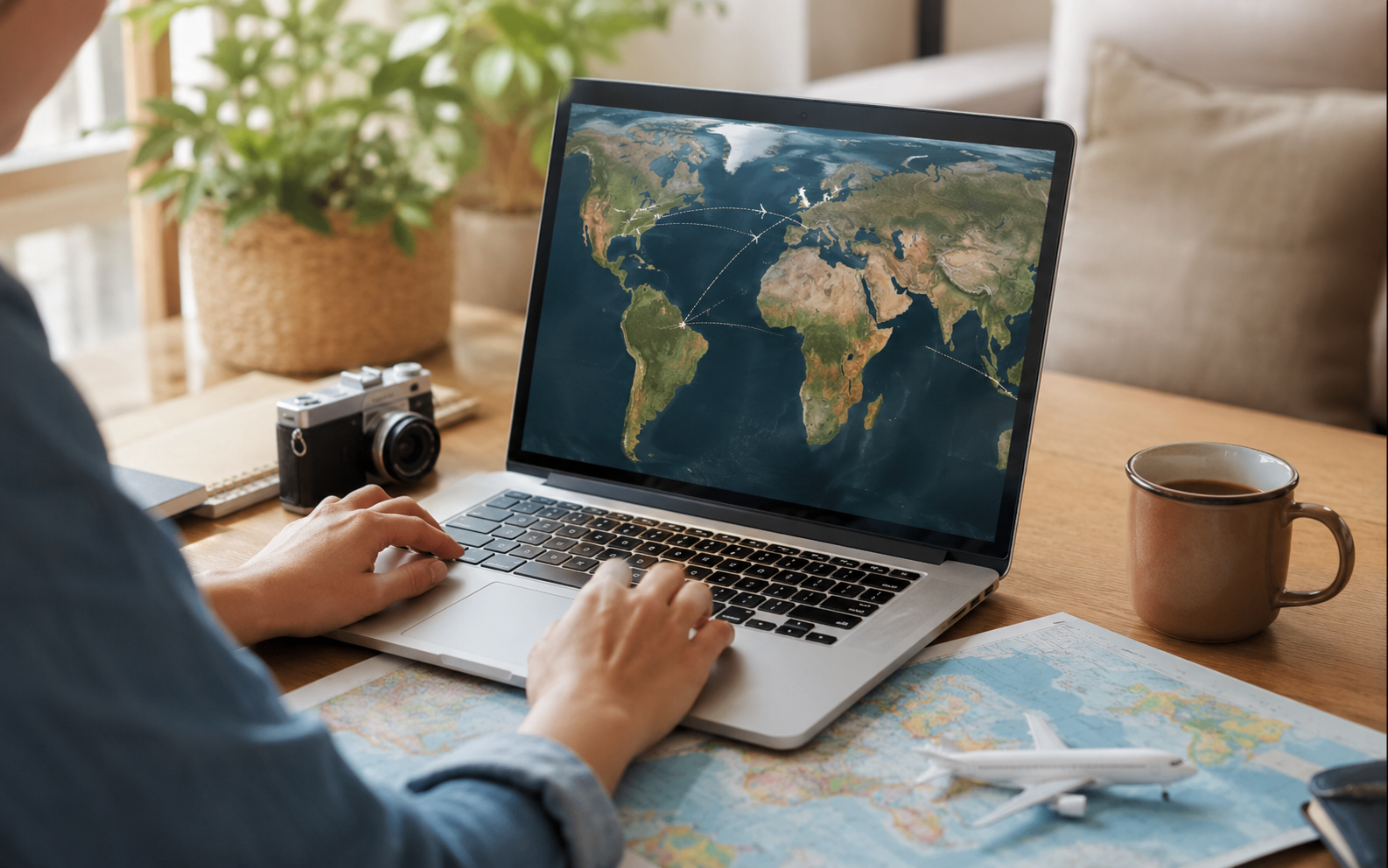 Photorealistic image of a person planning a trip on a laptop with a world map and flight route lines displayed on screen, cozy home setting, natural light, travel planning concept, no text or letters visible, 400x250px