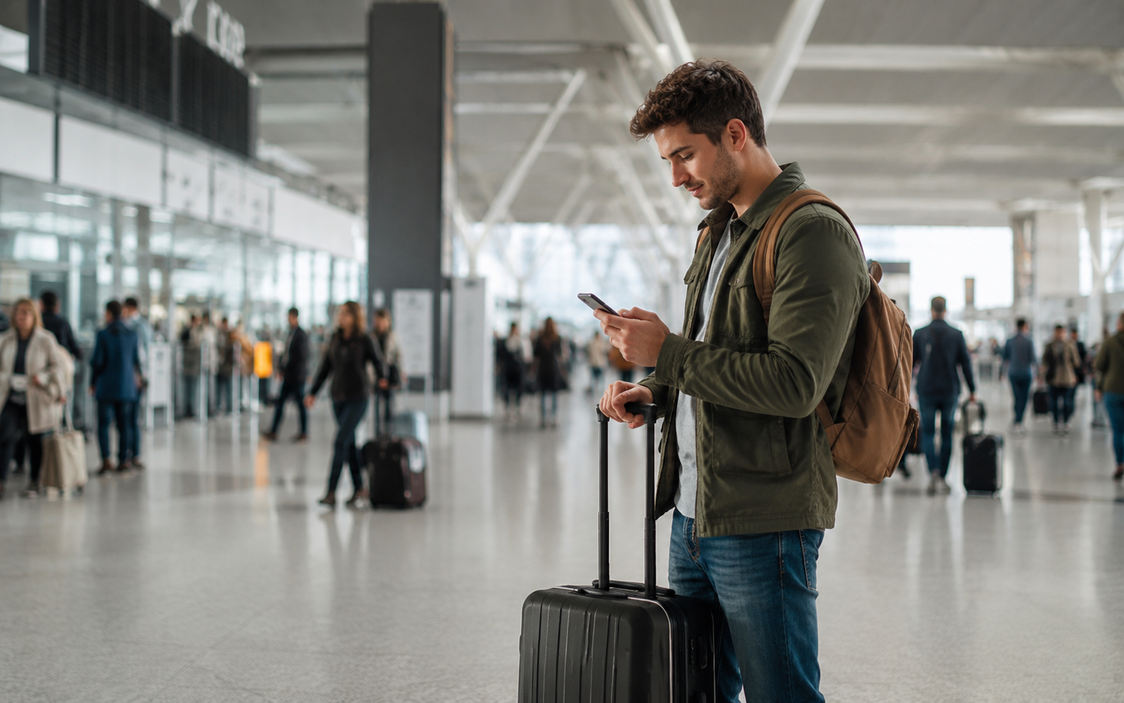 viajero con maleta consultando el móvil en una terminal de aeropuerto