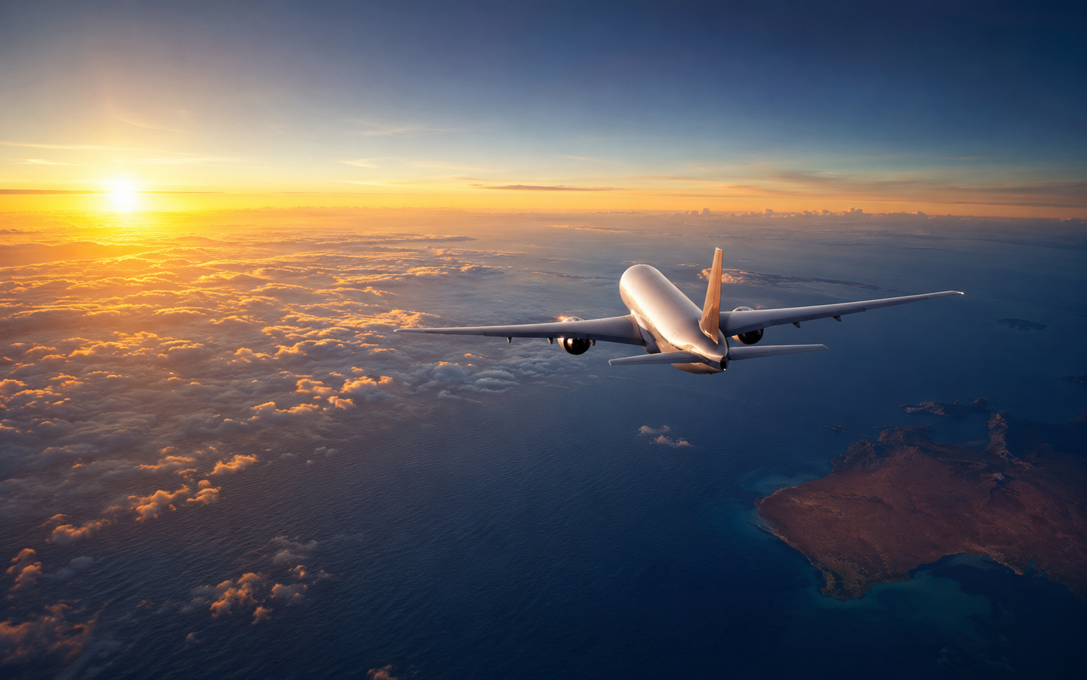 Photorealistic world map style aerial view showing an aircraft flying nonstop over the Indian Ocean between Australia and Europe at dawn, no text or letters, cinematic lighting